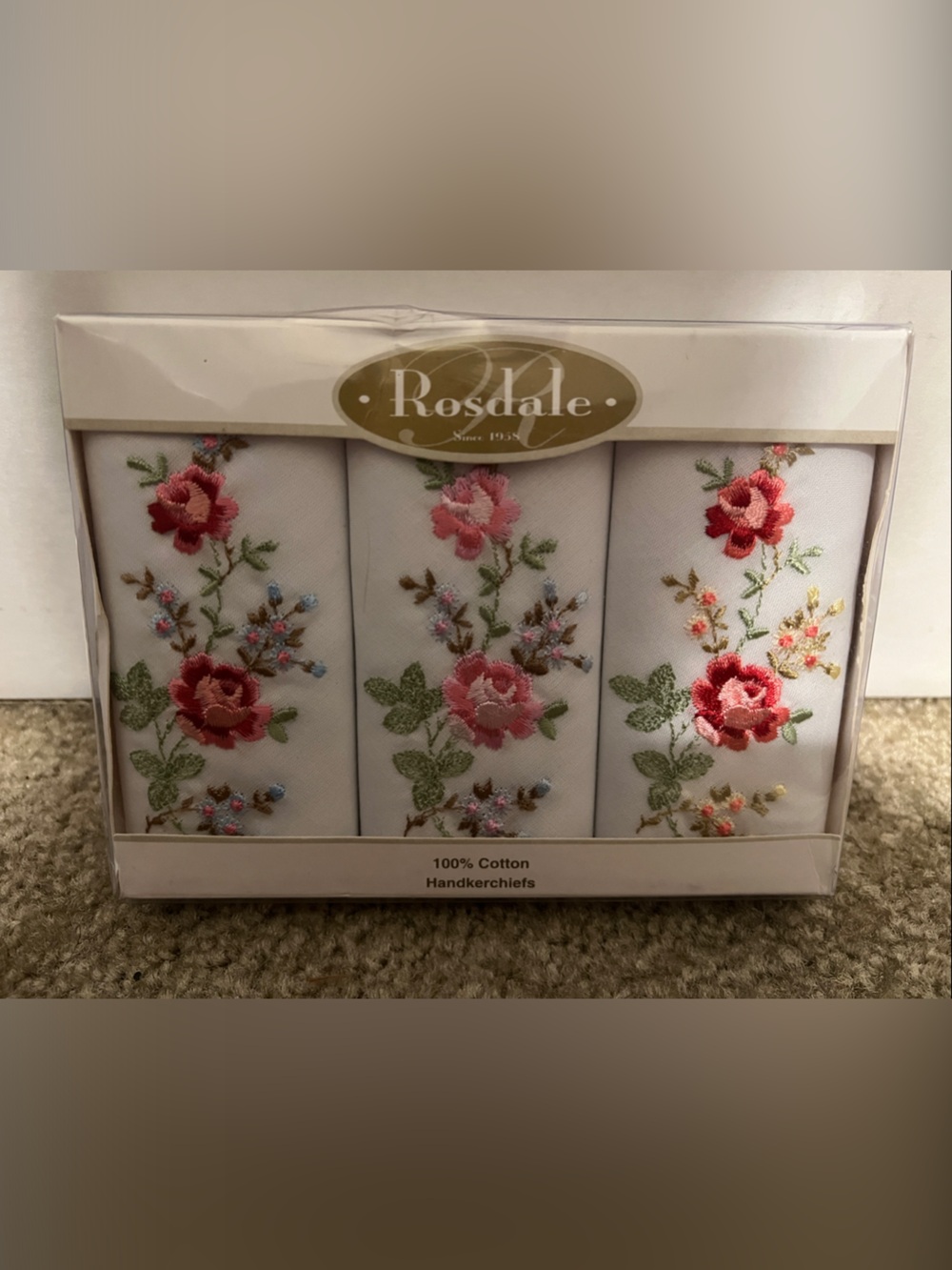 White Cotton Handkerchiefs with Floral Embroidery - Set of 3
